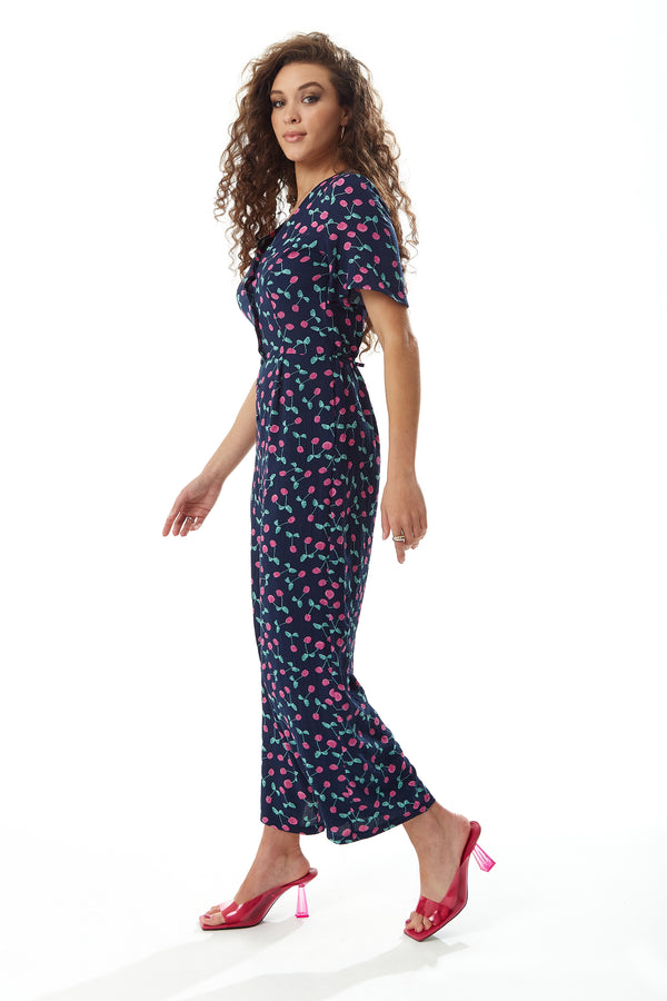 Liquorish Women's Jumpsuit In Navy With Cherry Print V Neck Short Sleeves Wide Leg - Liquorish