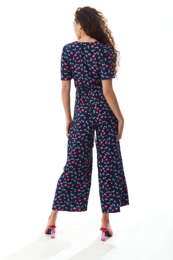 Liquorish Women's Jumpsuit In Navy With Cherry Print V Neck Short Sleeves Wide Leg - Liquorish