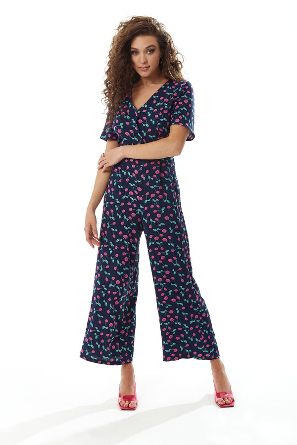 Liquorish Women's Jumpsuit in Navy with Cherry Print V Neck Short Sleeves Wide Leg - Liquorish