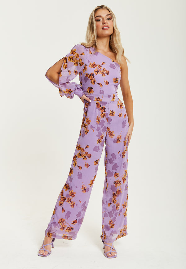 Liquorish Women's Jumpsuit In Purple Floral With Asymmetrical Sleeve And Wide Legs - Regular Fit Liquorish