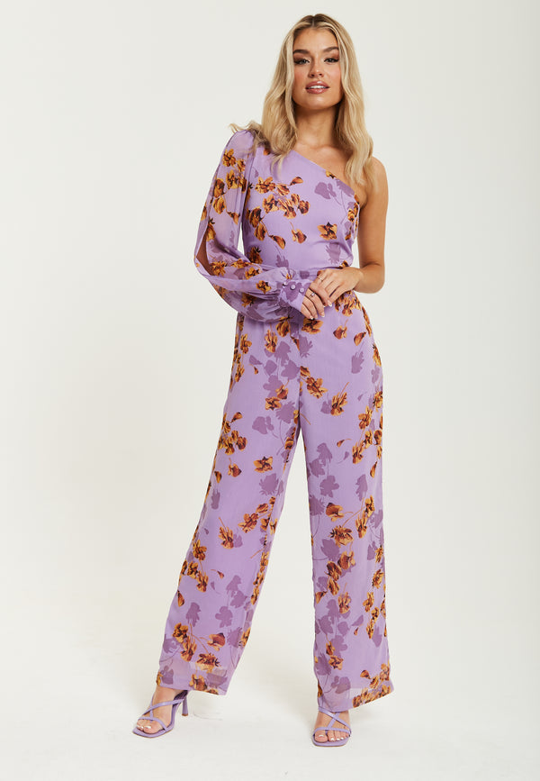 Liquorish Women's Jumpsuit In Purple Floral With Asymmetrical Sleeve And Wide Legs - Regular Fit Liquorish