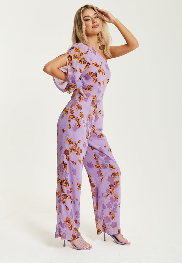 Liquorish Women's Jumpsuit In Purple Floral With Asymmetrical Sleeve And Wide Legs - Regular Fit Liquorish