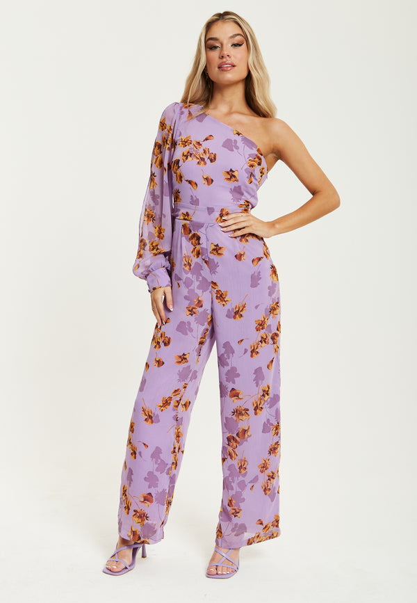 Liquorish Women's Jumpsuit in Purple Floral with Asymmetrical Sleeve and Wide Legs - Regular Fit Liquorish