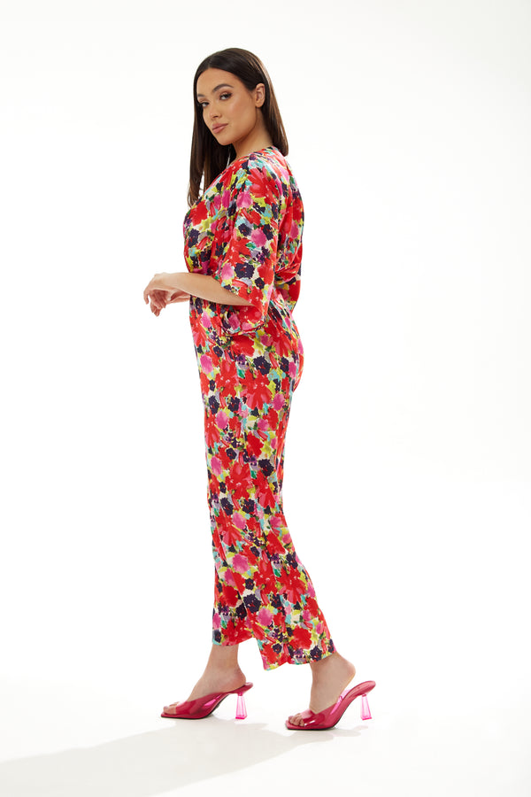 Liquorish Women's Jumpsuit In Red With Short Kimono Sleeves And Floral Print Crossover Front - Liquorish