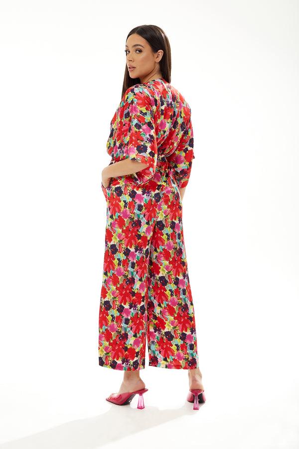 Liquorish Women's Jumpsuit In Red With Short Kimono Sleeves And Floral Print Crossover Front - Liquorish