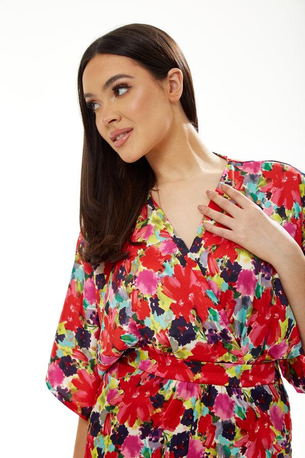 Liquorish Women's Jumpsuit In Red With Short Kimono Sleeves And Floral Print Crossover Front - Liquorish