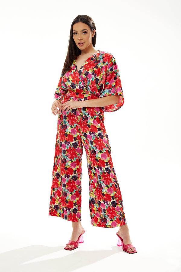 Liquorish Women's Jumpsuit in Red with Short Kimono Sleeves and Floral Print Crossover Front - Liquorish