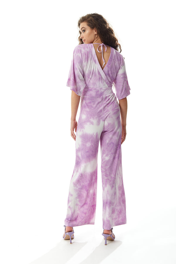Liquorish Women's Jumpsuit In White And Pink Tie Dye With Short Sleeves V Neck Open Back Liquorish