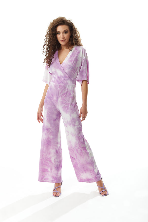 Liquorish Women's Jumpsuit in White and Pink Tie Dye with Short Sleeves V Neck Open Back Liquorish