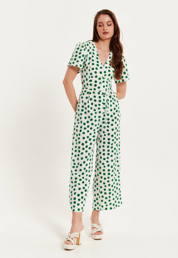 Liquorish Women's Jumpsuit In White With Green Polka Dots V Neck Short Sleeves Wide Legs - Liquorish