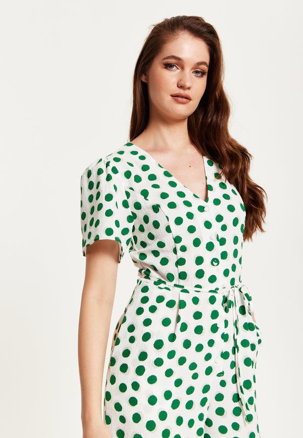 Liquorish Women's Jumpsuit In White With Green Polka Dots V Neck Short Sleeves Wide Legs - Liquorish