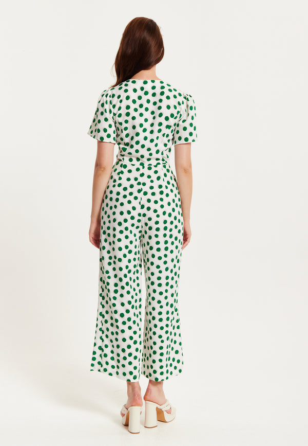 Liquorish Women's Jumpsuit In White With Green Polka Dots V Neck Short Sleeves Wide Legs - Liquorish