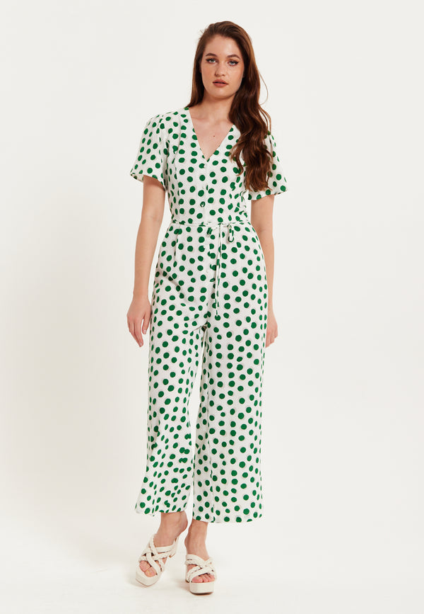 Liquorish Women's Jumpsuit in White with Green Polka Dots V Neck Short Sleeves Wide Legs - Liquorish
