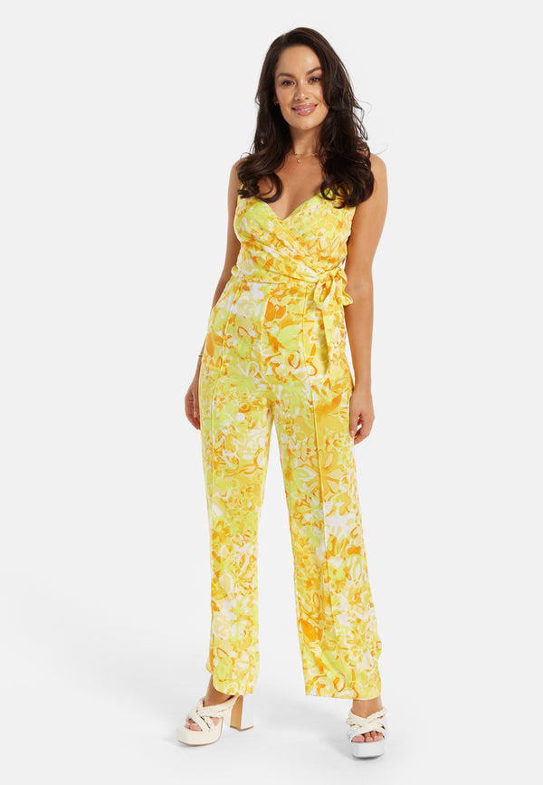 Liquorish Women's Jumpsuit In Yellow And Orange Floral Print With V-Neck Adjustable Straps And Tie Waist - Liquorish