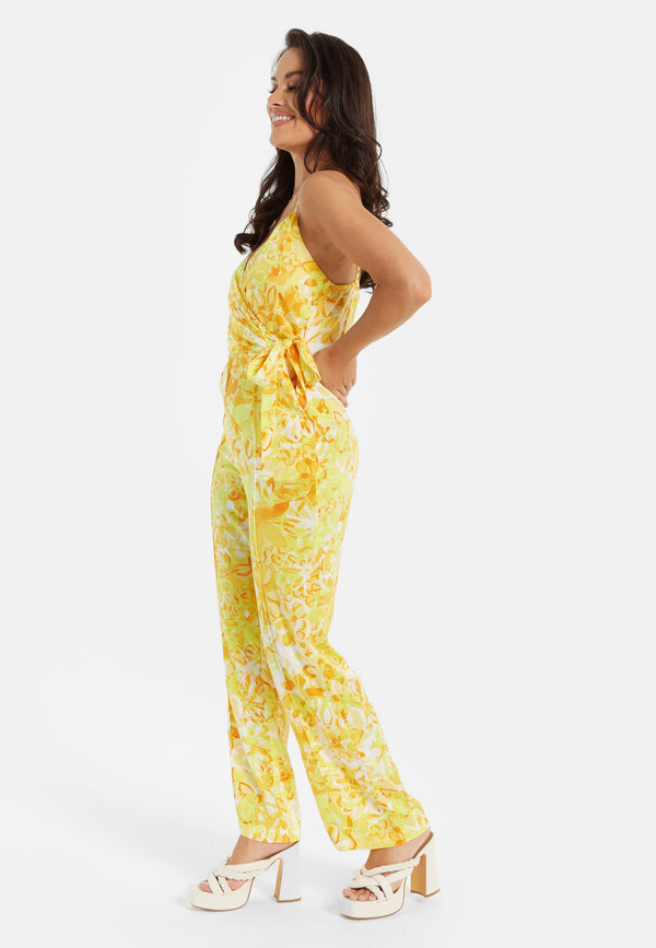 Liquorish Women's Jumpsuit In Yellow And Orange Floral Print With V-Neck Adjustable Straps And Tie Waist - Liquorish