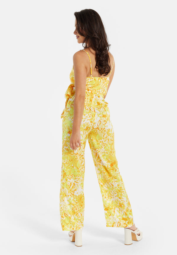 Liquorish Women's Jumpsuit In Yellow And Orange Floral Print With V-Neck Adjustable Straps And Tie Waist - Liquorish