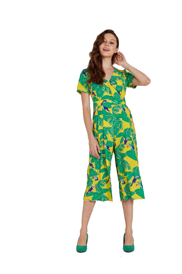 Liquorish Women's Jumpsuit in Yellow Leaf Print with V-Neck Short Sleeves and Wide Legs - Liquorish