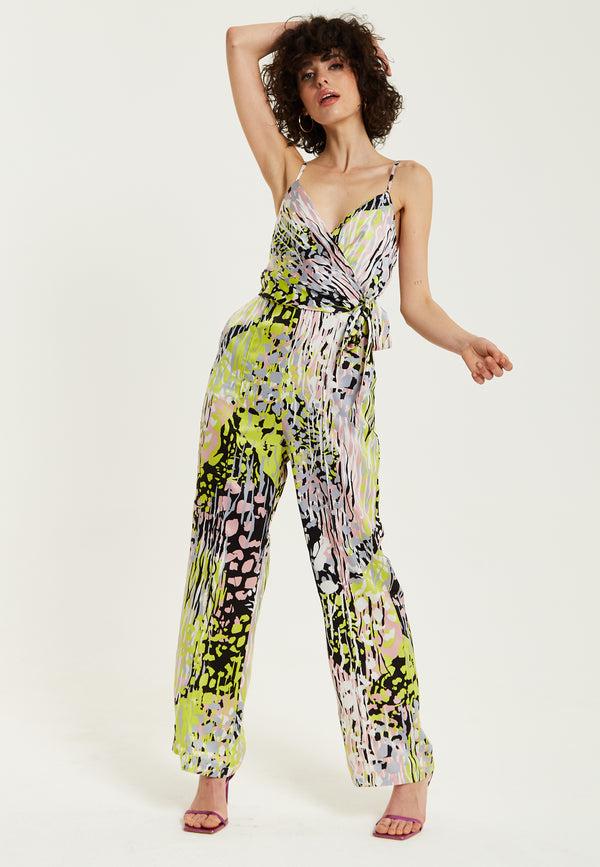 Liquorish Women's Jumpsuit - Multicolour Abstract Print Deep V-Neck Spaghetti Straps Wrap Front Tie Waist - Liquorish