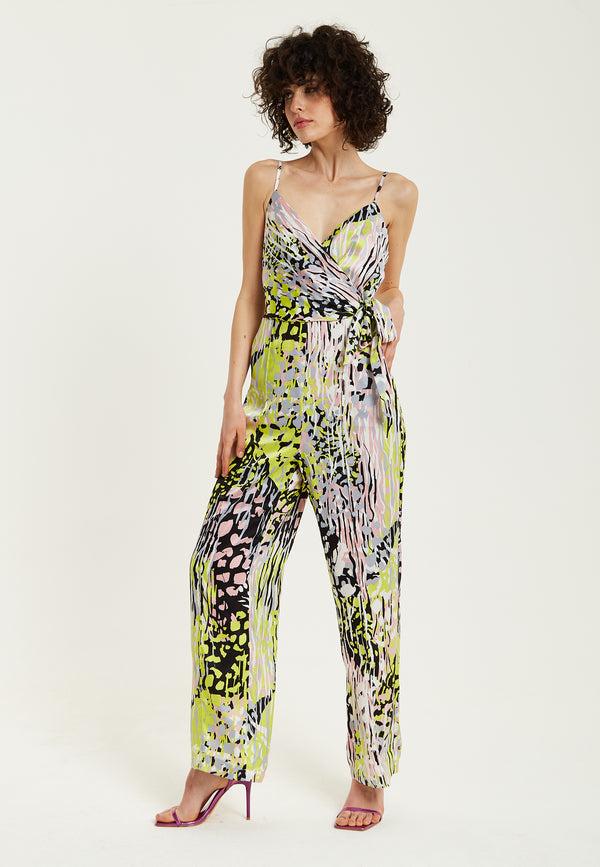Liquorish Women's Jumpsuit - Multicolour Abstract Print Deep V-Neck Spaghetti Straps Wrap Front Tie Waist - Liquorish