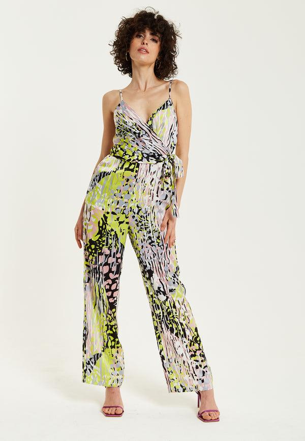 Liquorish Women's Jumpsuit - Multicolour Abstract Print Deep V-Neck Spaghetti Straps Wrap Front Tie Waist - Liquorish