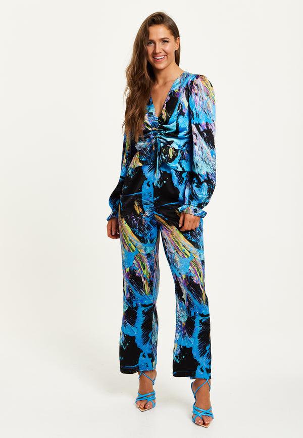 Liquorish Women's Jumpsuit - Multicolour Abstract Print With Ruched Front Long Sleeves Wide Legs - Liquorish