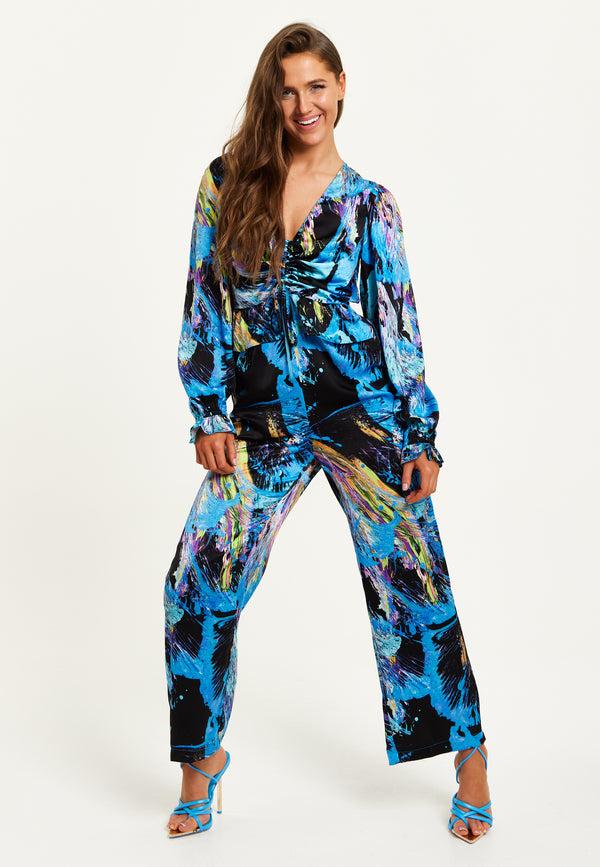 Liquorish Women's Jumpsuit - Multicolour Abstract Print With Ruched Front Long Sleeves Wide Legs - Liquorish