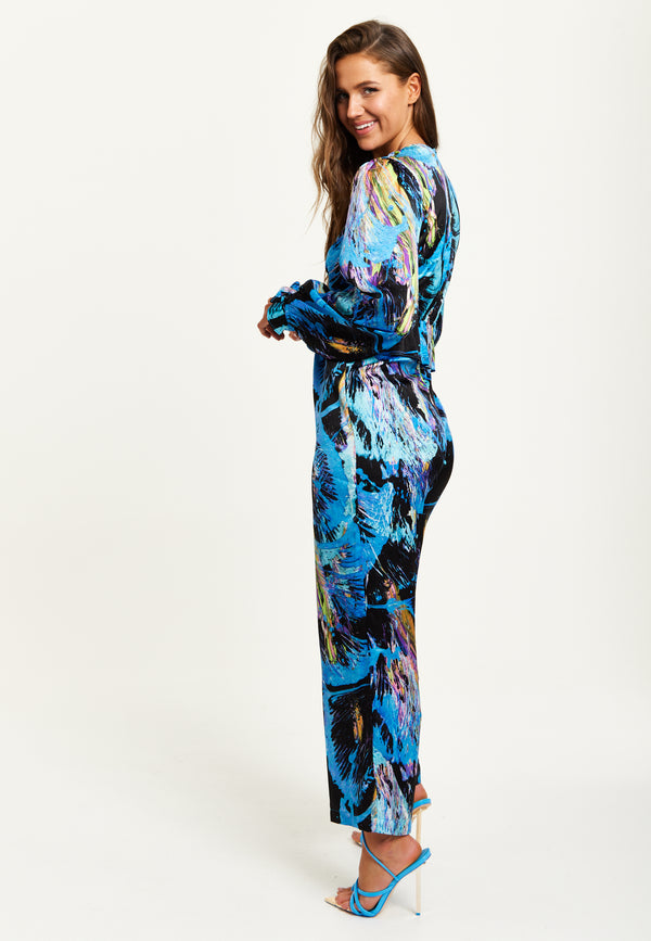 Liquorish Women's Jumpsuit - Multicolour Abstract Print With Ruched Front Long Sleeves Wide Legs - Liquorish