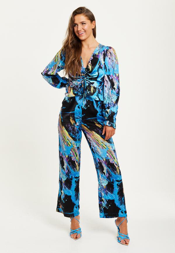 Liquorish Women's Jumpsuit - Multicolour Abstract Print with Ruched Front Long Sleeves Wide Legs - Liquorish