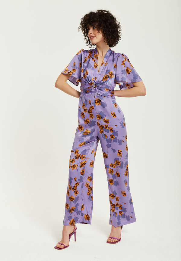Liquorish Women's Jumpsuit - Purple Floral Wide Leg With Angel Sleeves And Front Buttons By Liquorish