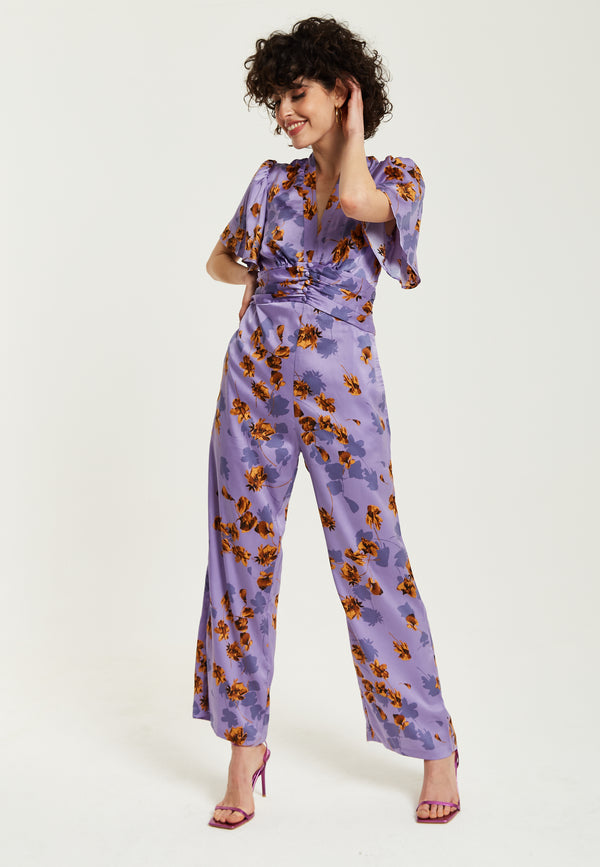 Liquorish Women's Jumpsuit - Purple Floral Wide Leg With Angel Sleeves And Front Buttons By Liquorish