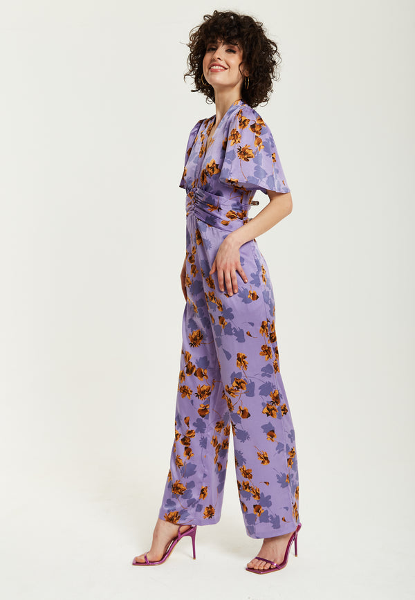 Liquorish Women's Jumpsuit - Purple Floral Wide Leg With Angel Sleeves And Front Buttons By Liquorish