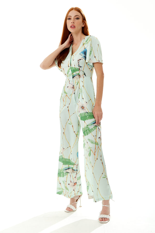 Liquorish Women's Jumpsuit With V Neck And Short Sleeves Mint Green Bird Print Wide Legs - Liquorish