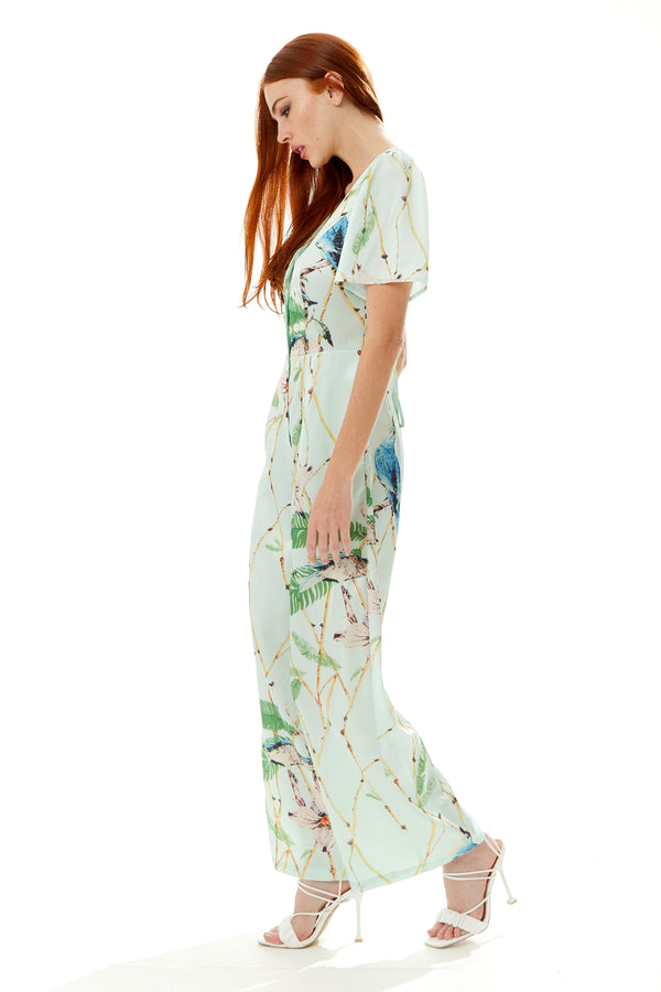 Liquorish Women's Jumpsuit With V Neck And Short Sleeves Mint Green Bird Print Wide Legs - Liquorish