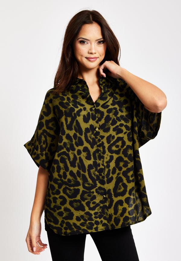 Liquorish Women's Khaki Animal Print Shirt With Short Sleeves Button-Up Front Regular Fit Shirt Collar