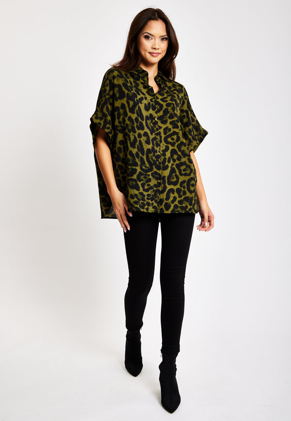 Liquorish Women's Khaki Animal Print Shirt With Short Sleeves Button-Up Front Regular Fit Shirt Collar