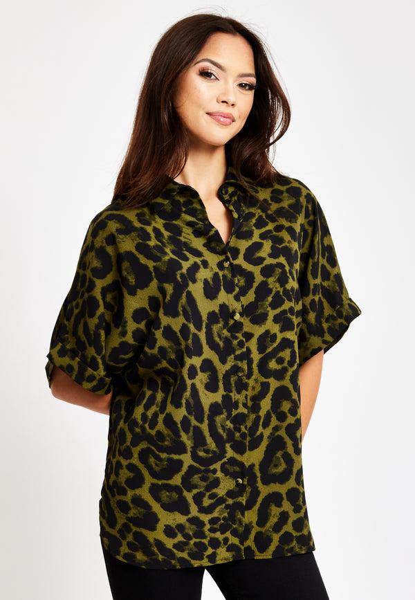 Liquorish Women's Khaki Animal Print Shirt With Short Sleeves Button-Up Front Regular Fit Shirt Collar