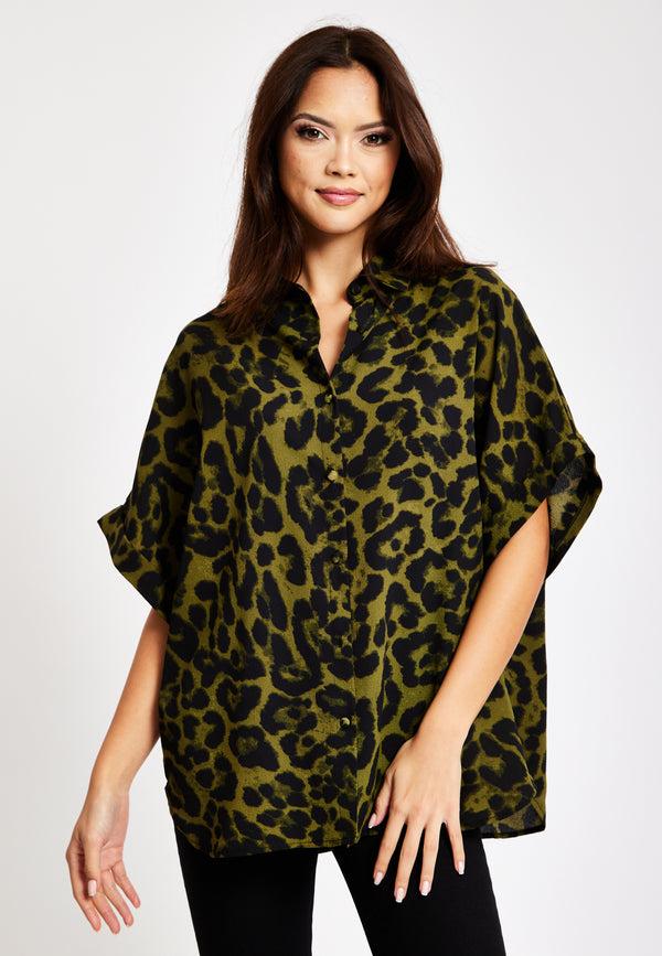 Liquorish Women's Khaki Animal Print Shirt with Short Sleeves Button-Up Front Regular Fit Shirt Collar