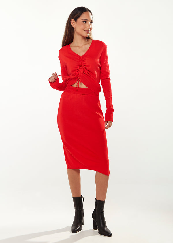 Liquorish Women's Knitted Set in Red - Cropped Sweatshirt with V-Neck & Long Sleeves Midi Skirt with Side Slit Versatile Style