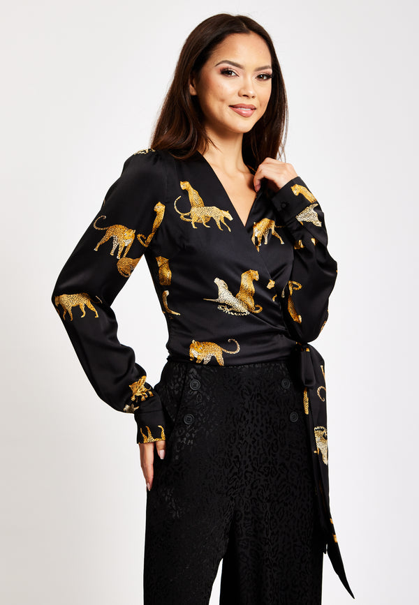 Liquorish Women's Leopard Print Wrap Top With Long Sleeves Tie Waist Crop Style Tiger Pattern Perfect For Any Occasion