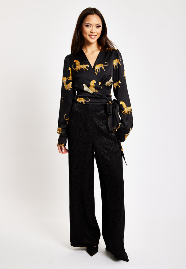 Liquorish Women's Leopard Print Wrap Top With Long Sleeves Tie Waist Crop Style Tiger Pattern Perfect For Any Occasion