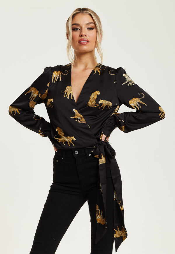 Liquorish Women's Leopard Print Wrap Top With Long Sleeves Tie Waist Crop Style Tiger Pattern Perfect For Any Occasion