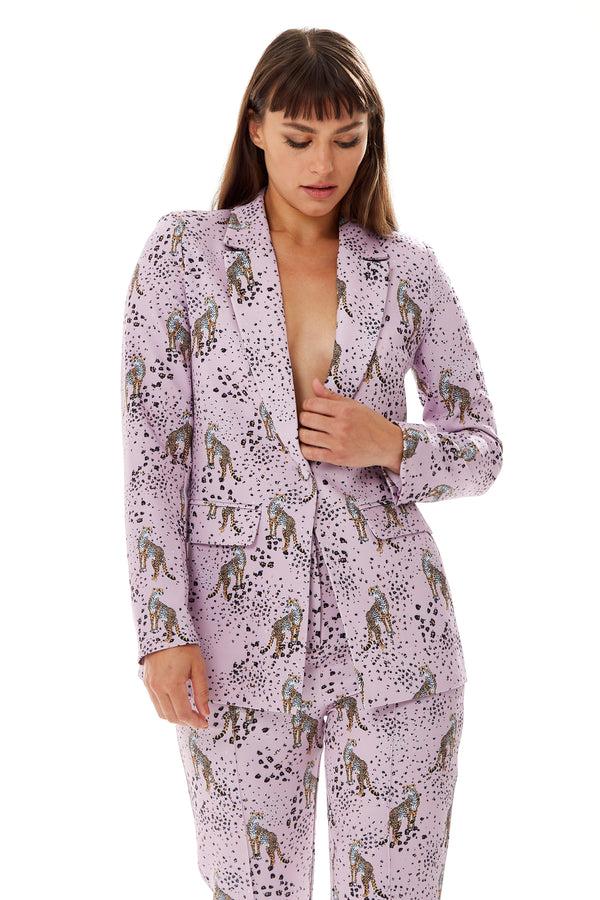 Liquorish Women's Lilac Animal Print Blazer with Padded Shoulders - Tailored Fit by Liquorish