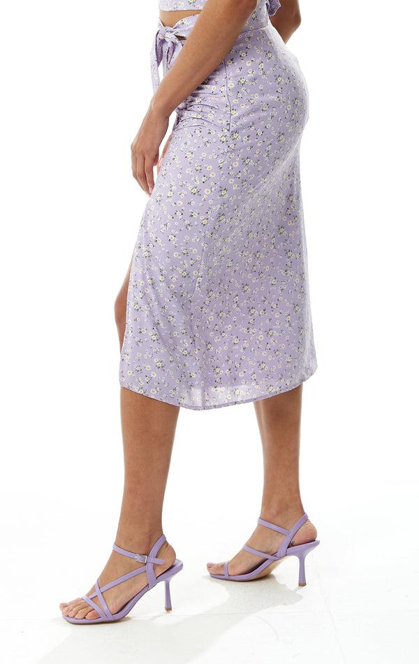 Liquorish Women's Lilac Floral Tie Detail Midi Skirt With Front Slit - Perfect For Summer Holidays By Liquorish