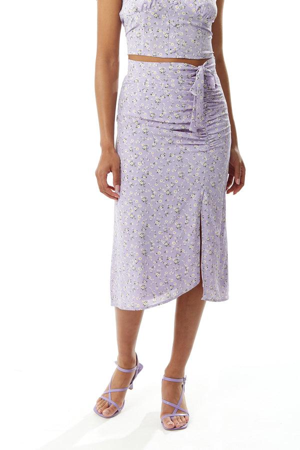 Liquorish Women's Lilac Floral Tie Detail Midi Skirt with Front Slit - Perfect for Summer Holidays by Liquorish