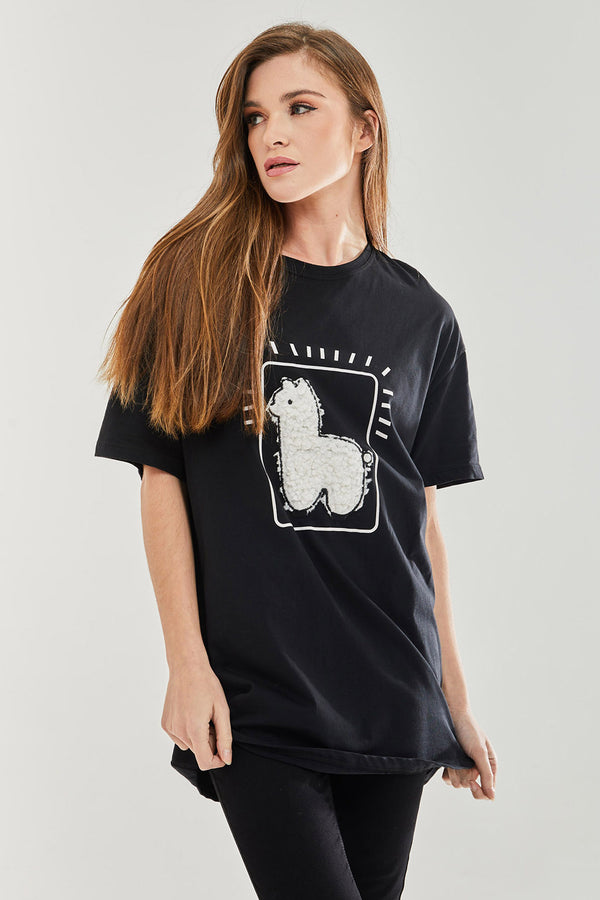 Liquorish Women's Llama Oversized T-Shirt In Black - Short Sleeves Unique Pattern S-12 Sizes Available