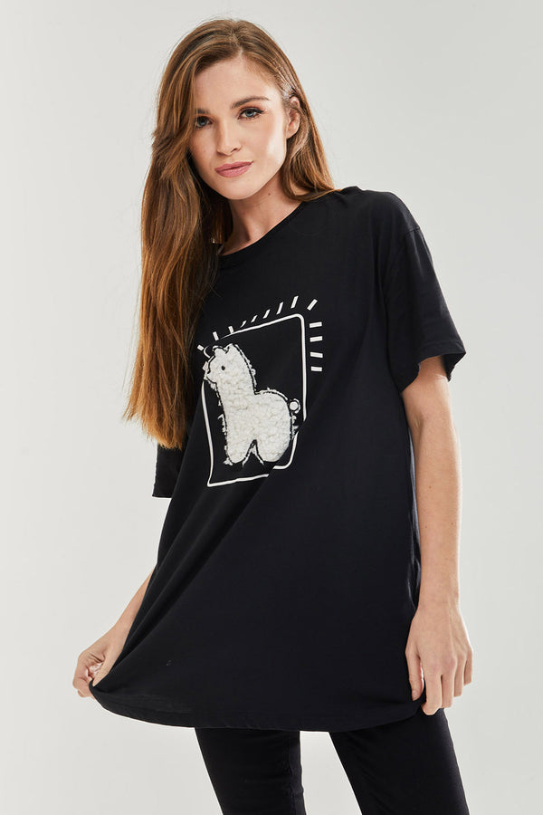 Liquorish Women's Llama Oversized T-Shirt in Black - Short Sleeves Unique Pattern S-12 Sizes Available