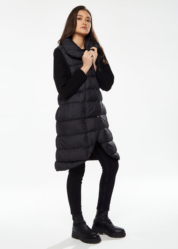 Liquorish Women's Long Black Puffer Gilet With Asymmetric Button Closure Drawstring High Neck And Side Pockets For Ultimate Warmth