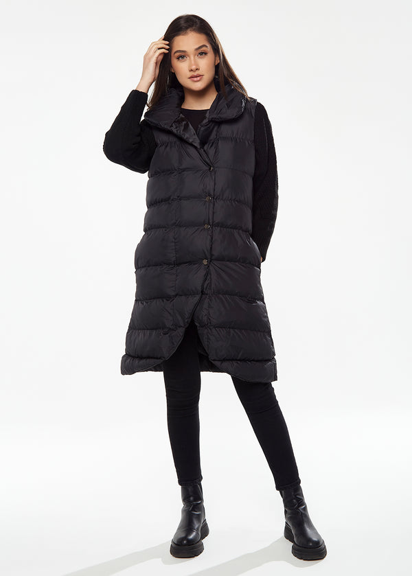 Liquorish Women's Long Black Puffer Gilet with Asymmetric Button Closure Drawstring High Neck and Side Pockets for Ultimate Warmth