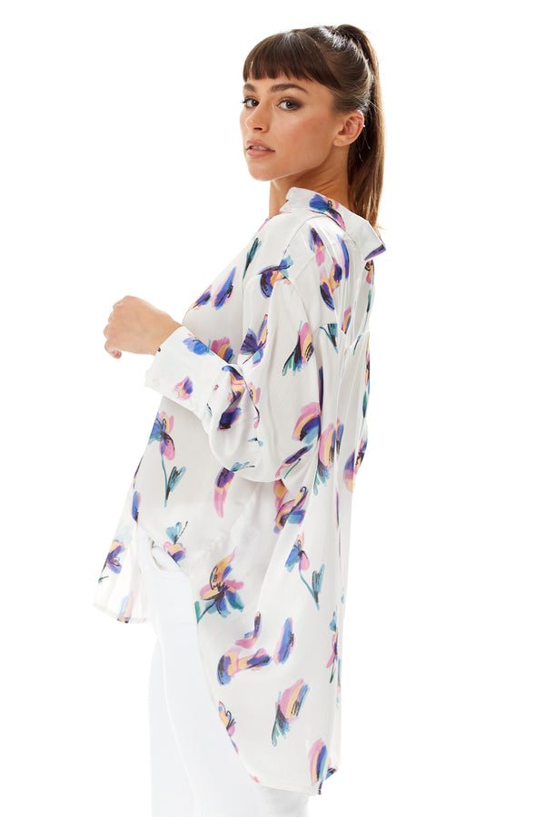 Liquorish Women's Long Sleeve Floral Print Button-Up White Shirt With Collar - Regular Fit Stylish And Versatile Design