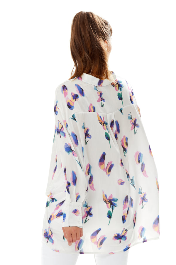 Liquorish Women's Long Sleeve Floral Print Button-Up White Shirt With Collar - Regular Fit Stylish And Versatile Design